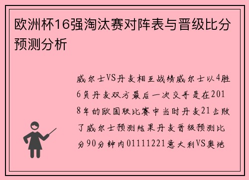 欧洲杯16强淘汰赛对阵表与晋级比分预测分析